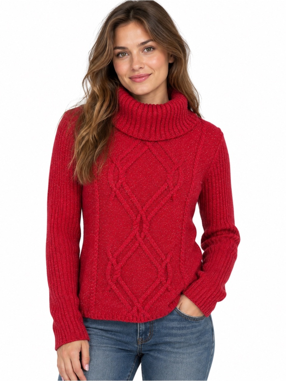 Jones New York Red Sparkle Cable Knit Turtleneck Sweater Y2K Holiday Glam S